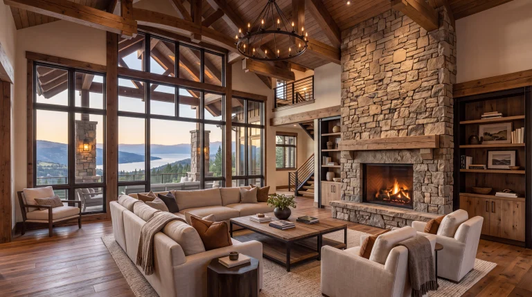 Warm timber great room with a stone hearth and mountain views